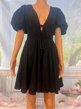 House of Harlow 1960 Black Puff-Sleeve Tie-Front Mini Dress